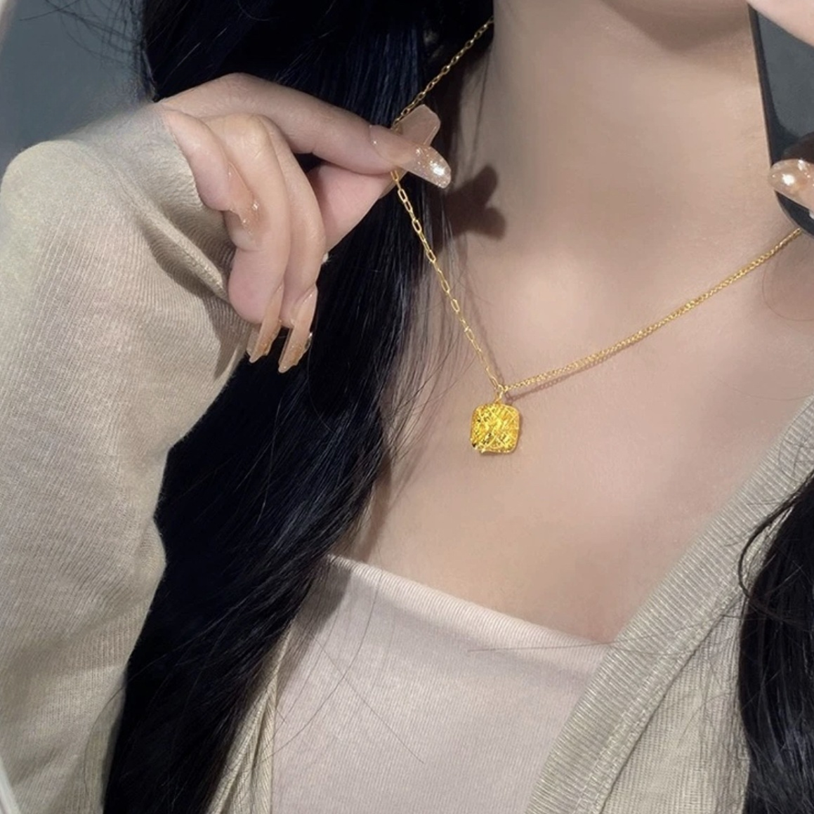 【矿金手工制作】 拉丝方糖吊坠国风女项链轻奢气质简约百