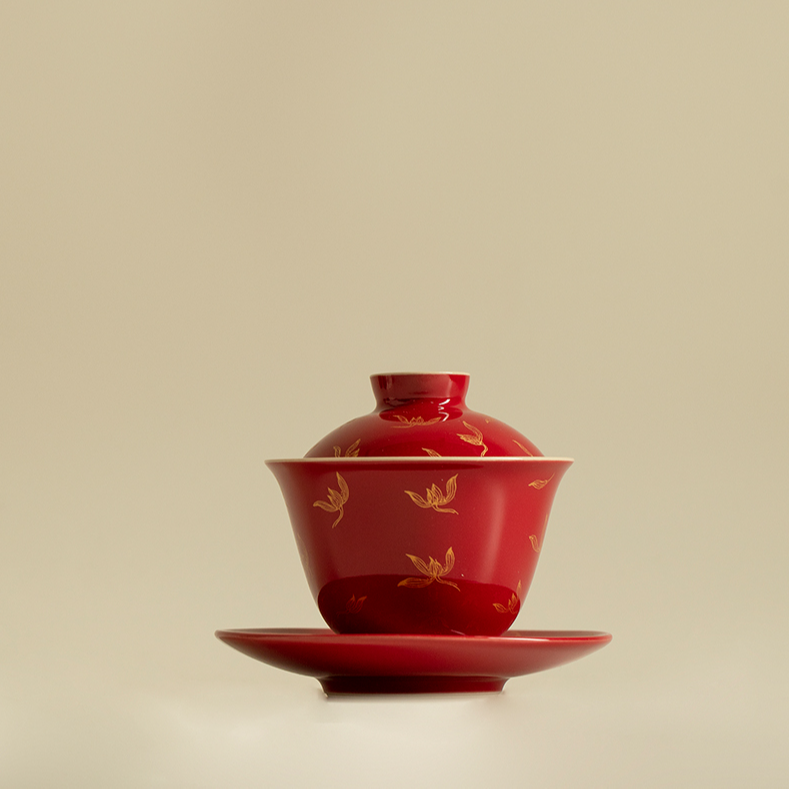 墨己郎红秋水兰花陶瓷三才盖碗家用手抓泡茶碗功夫茶具带盖茶杯