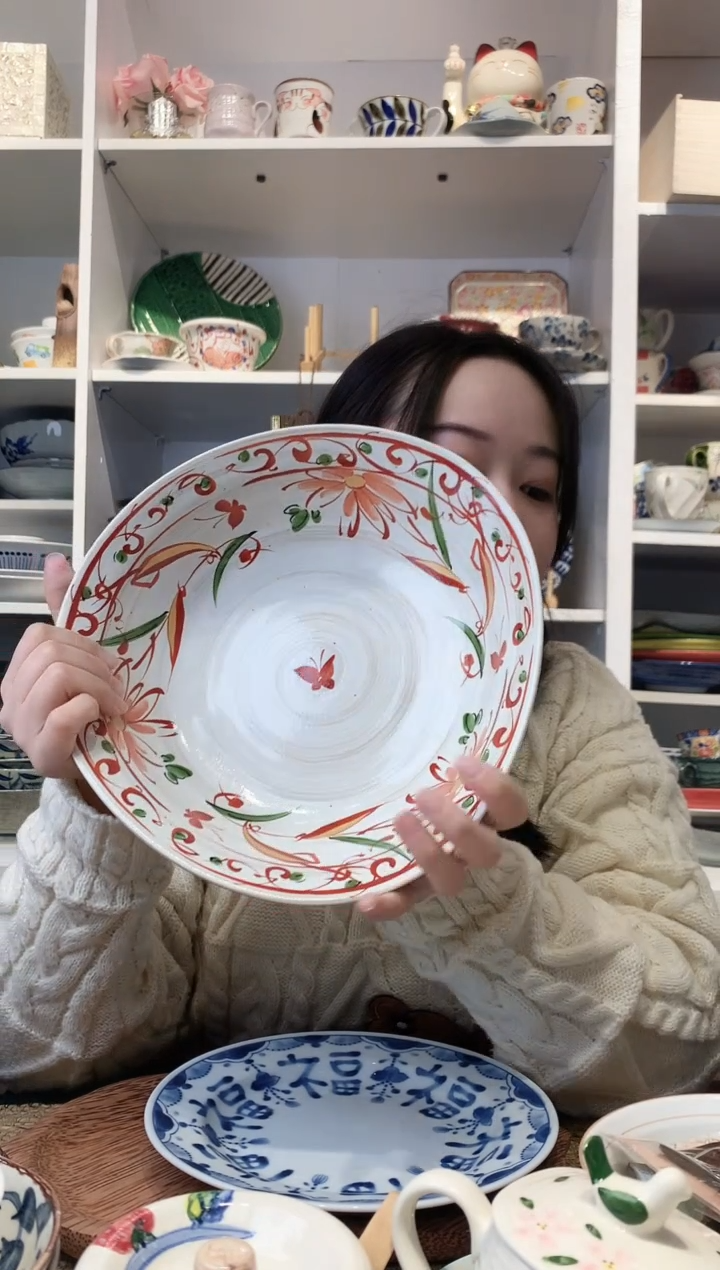 陶瓷bloom手绘赤绘花蝶三足大钵24.5cm