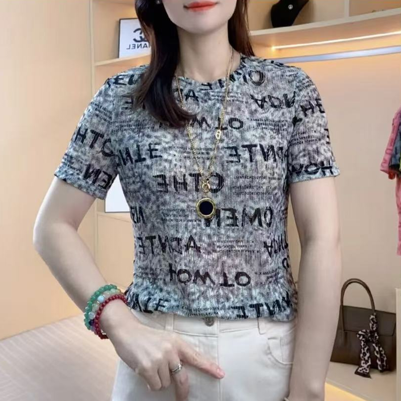 宽松短袖女士圆领印花短款百搭t恤透气印花圆领T恤