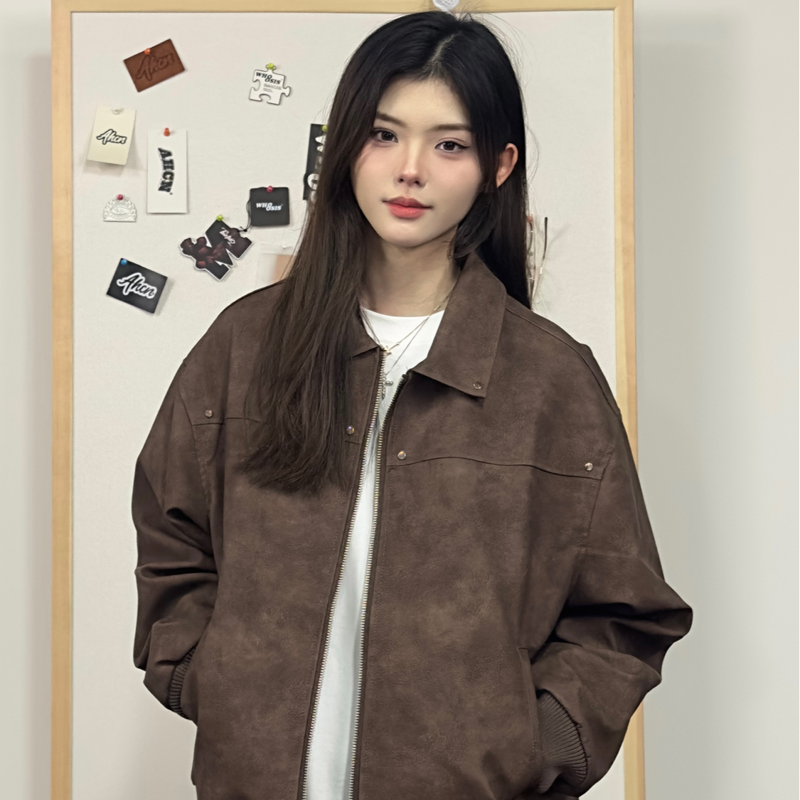 美式复古棕色翻领皮衣外套男女美拉德高级感麂皮绒情侣夹克