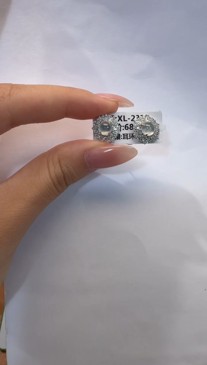 银S925镶嵌翡翠耳饰925银镶翡翠镶嵌