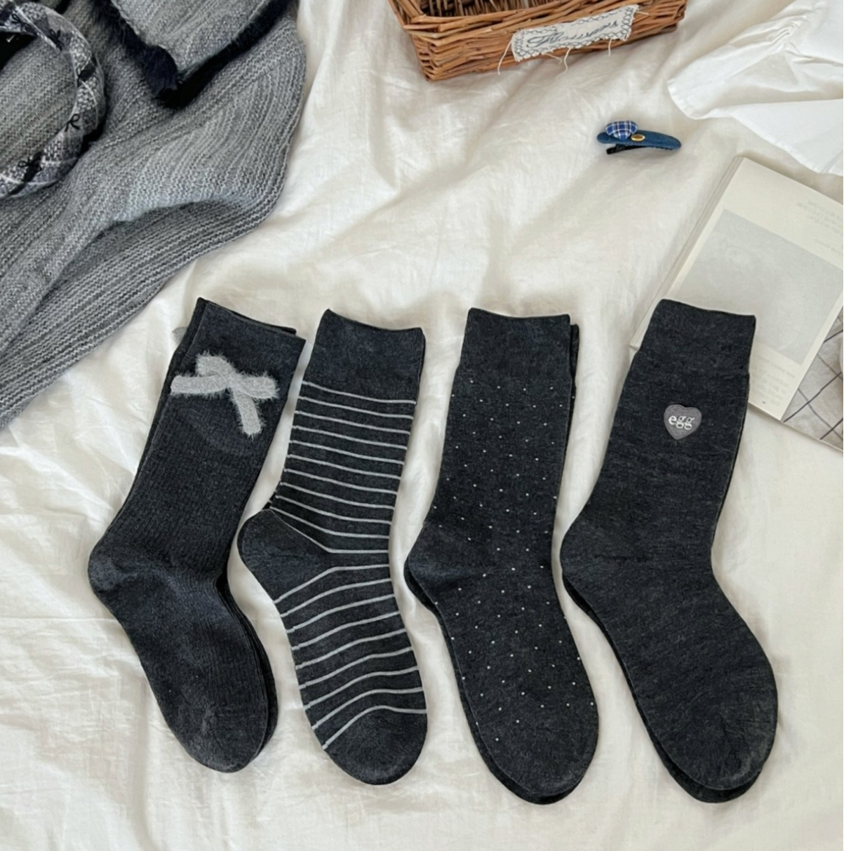 灰色系袜子女秋冬款中长筒ins简约保暖羊毛袜堆堆袜