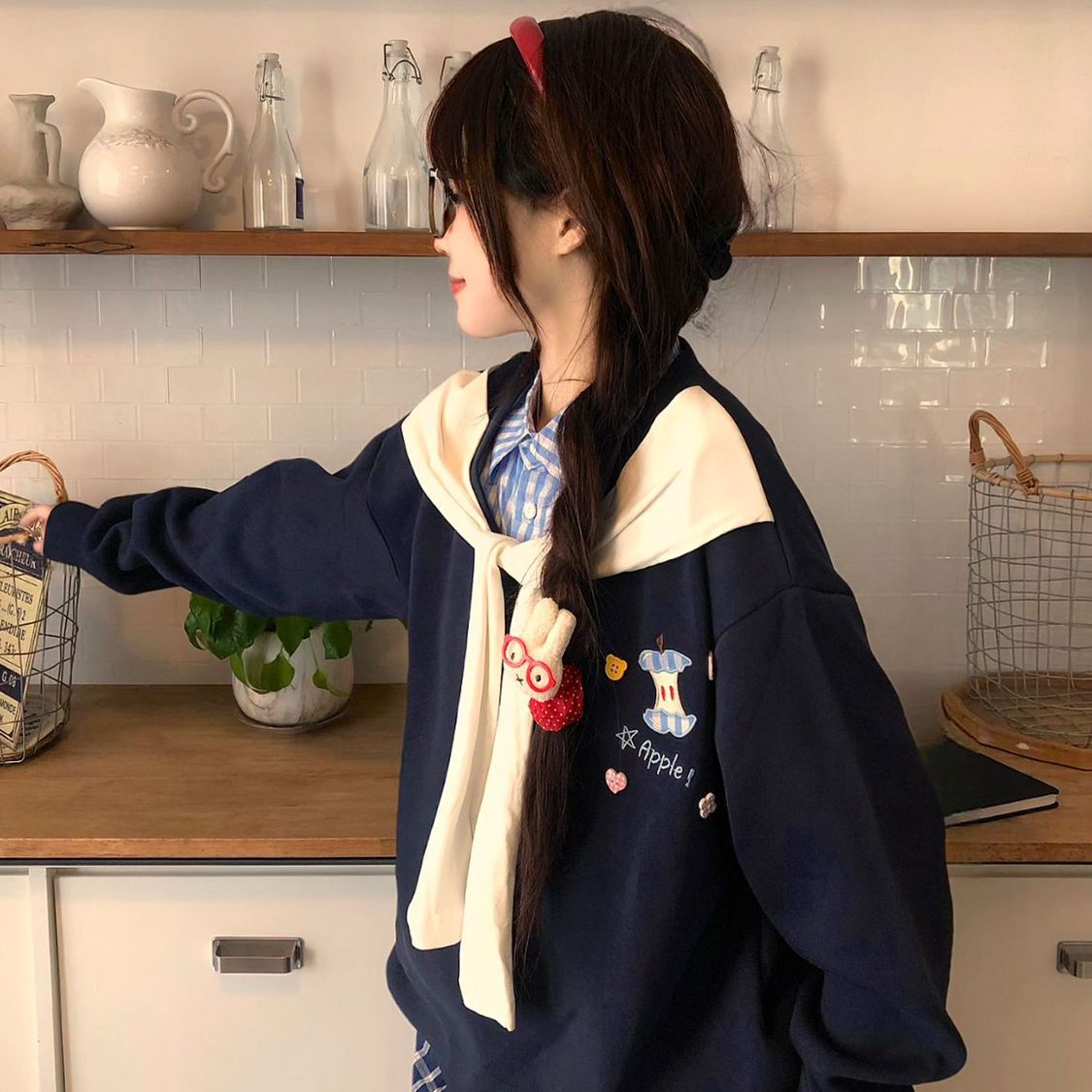 【ZHAP】美式复古polo领拼接假两件卫衣女秋冬款设计感刺绣宽松上衣