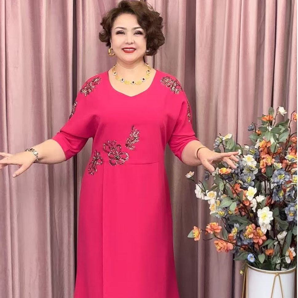 NIGAR时尚连衣裙休闲民族风妈妈装红色中长款