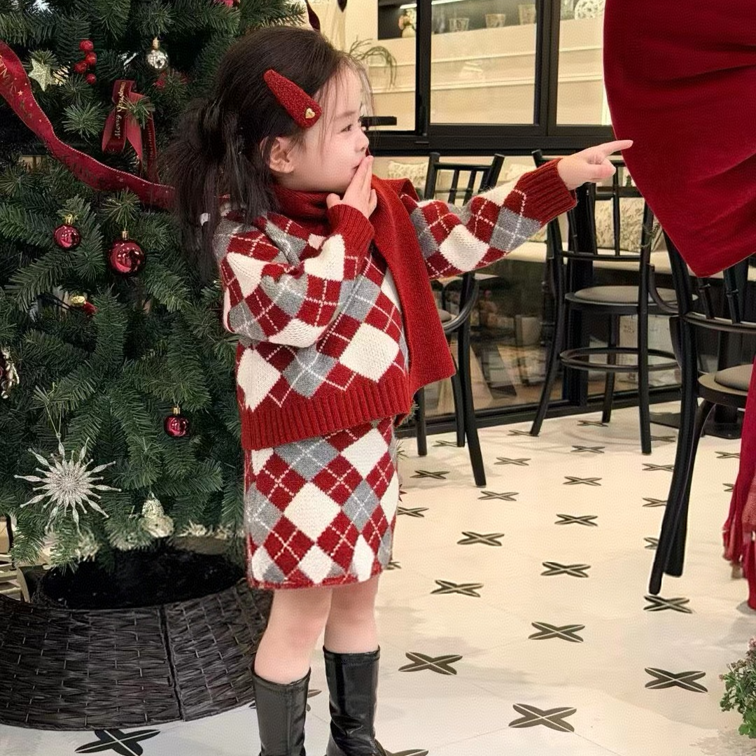 儿童套头可爱女孩秋冬三件套女格纹格少女时尚潮流童装GZ007