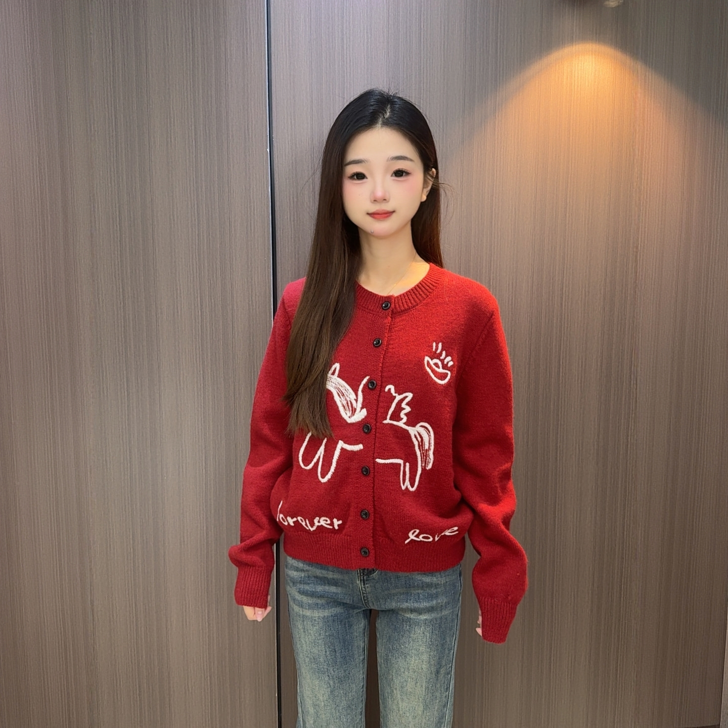 小个子针织圆领毛针织衫红色开衫宽松休闲复古卡通秋冬毛衣外套