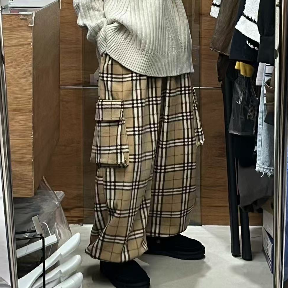 韩版秋冬新款大口袋格子休闲裤女