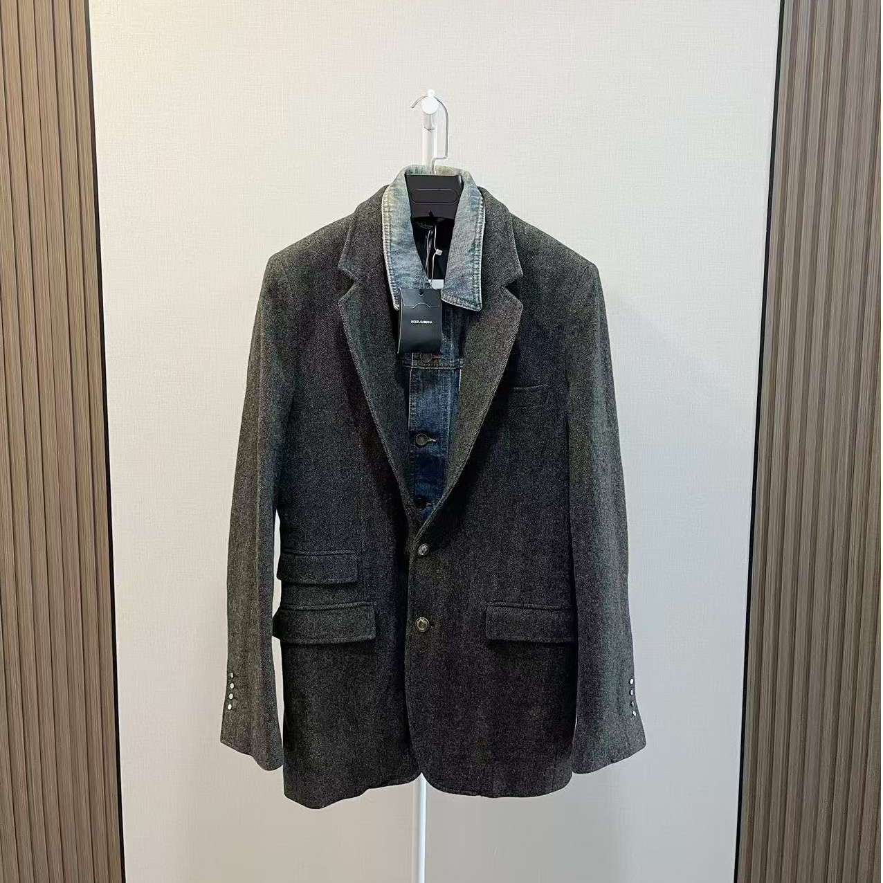 未使用 MCM /DG/高级感假两件灰色羊毛拼接牛仔蓝大衣外套/46码