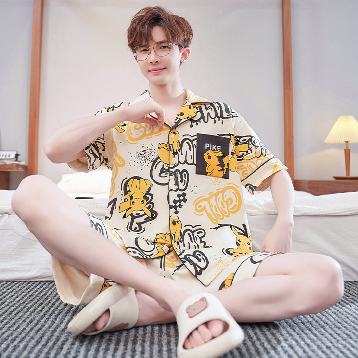 男士睡衣夏季翻领纯棉薄款短袖卡通皮卡丘大码宽松家居服高档套装