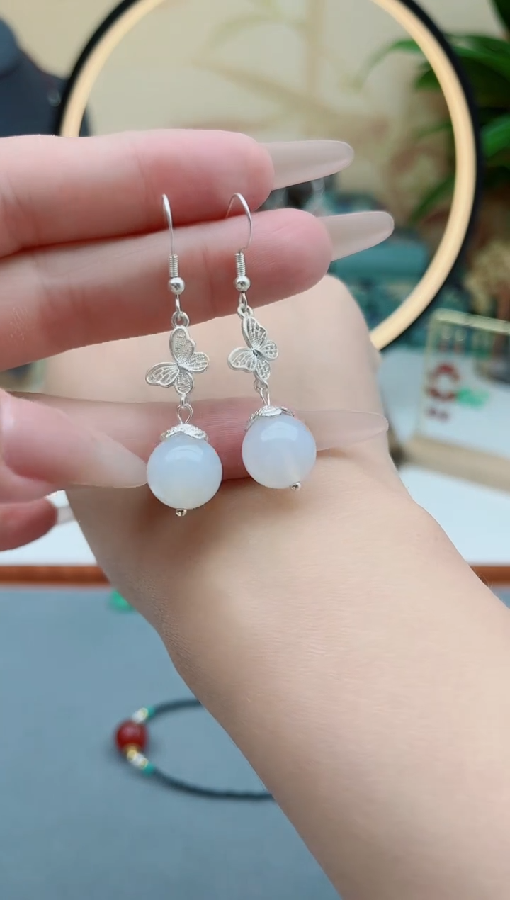 玛瑙/玉髓耳饰银S925镶嵌998蝴蝶白色