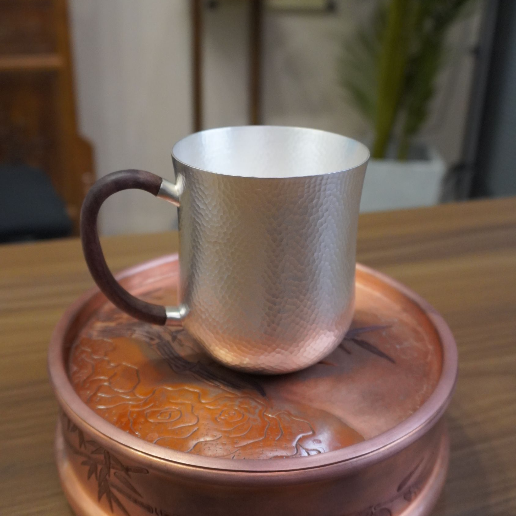 足银锤纹精美木把喝水杯主人杯家用