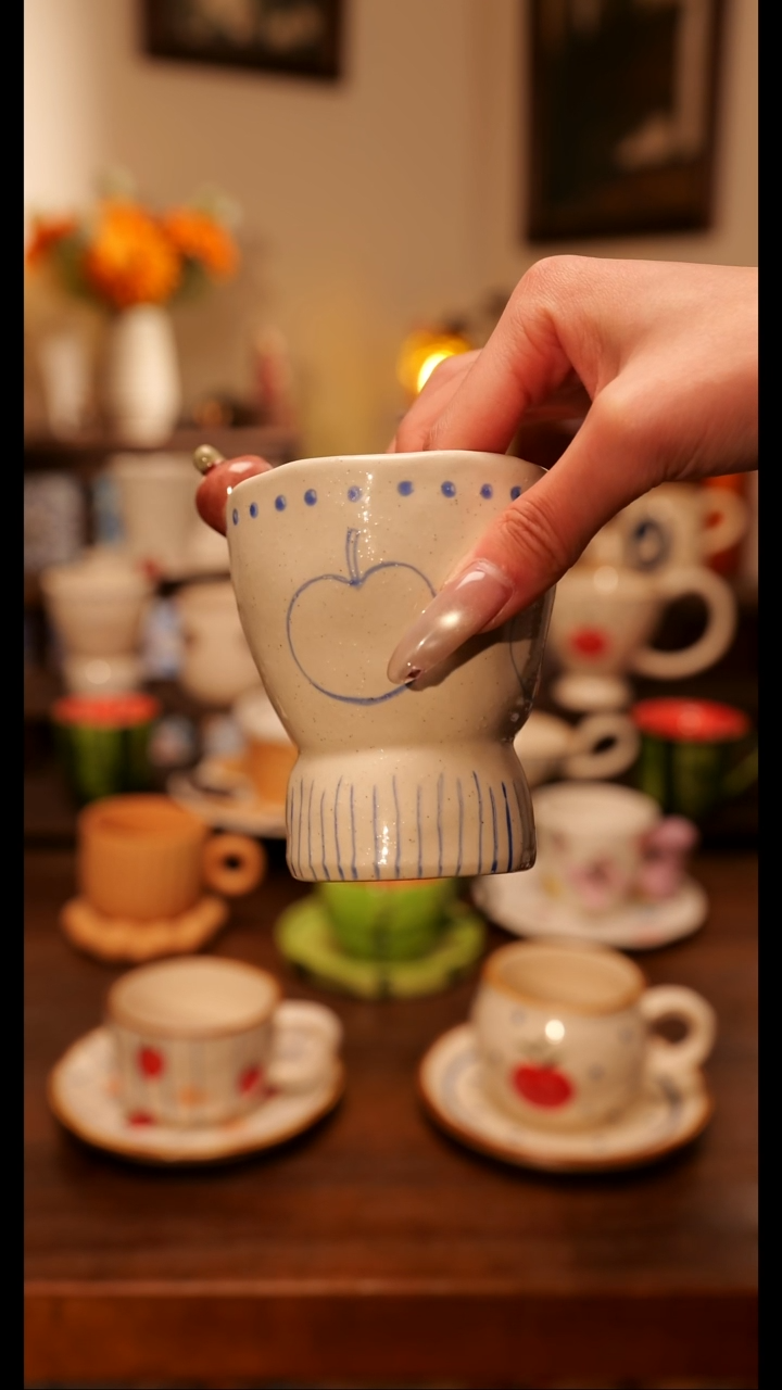 陶便携款粗陶磨砂小苹果手作    手绘釉下彩