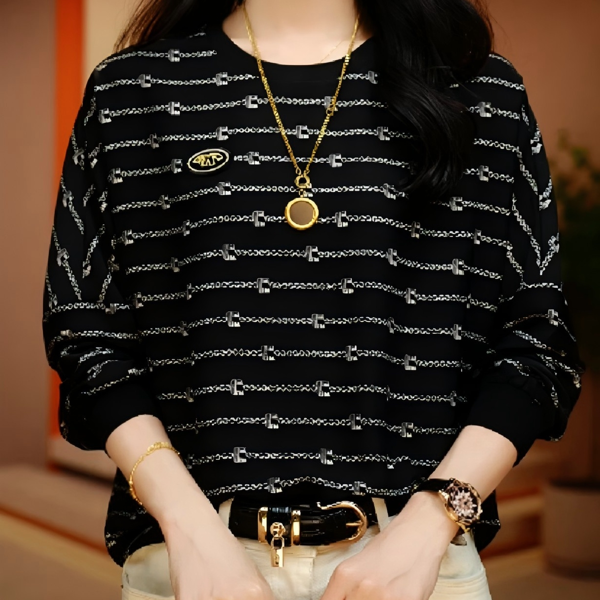 新款时尚琉璃圆领双皱T恤长袖宽松上衣女装条纹洋气显瘦打底减龄