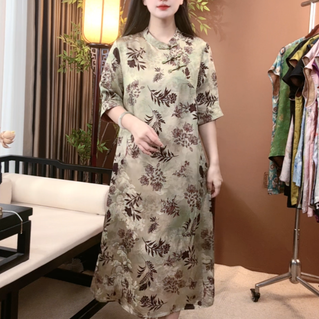 2025夏季新款时尚新中式桑蚕丝连衣裙显瘦百搭旗袍裙S098