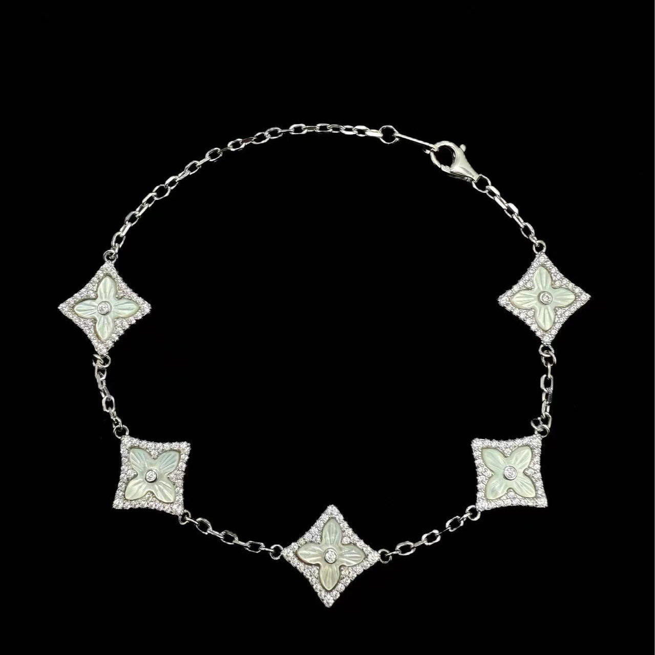 925银仿珍珠手链 简约款四叶草五花纯银手链银色ins