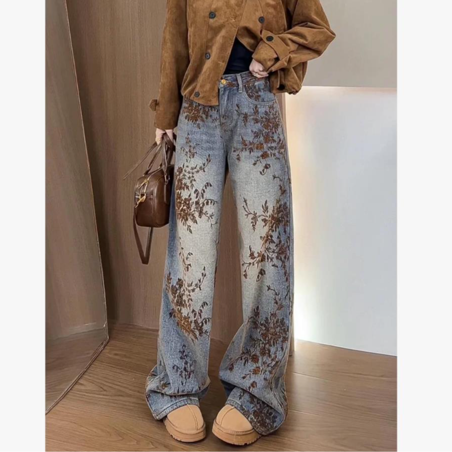 冬季加绒新款百搭设计感宽松时尚洋气重工金丝绒牛仔阔腿裤b3081