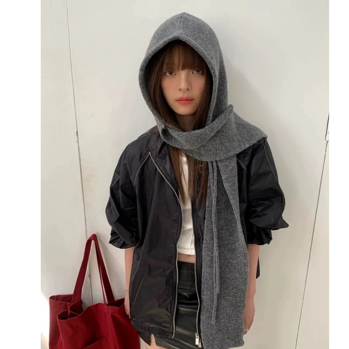 初棉女士春秋时尚休闲全羊毛百搭针织连帽围巾346661002