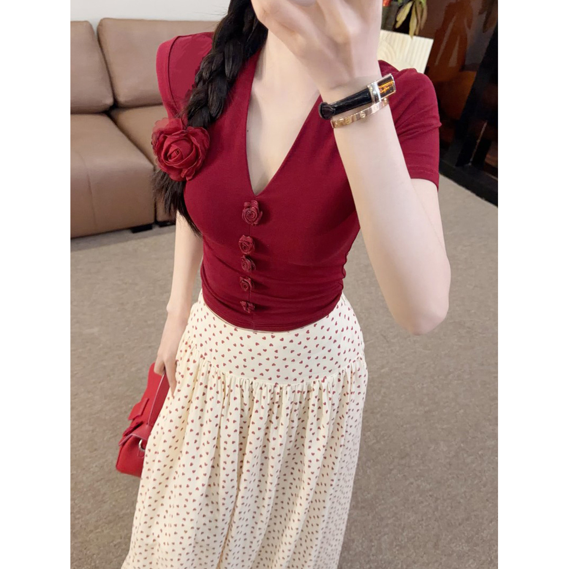 【69一套】5米运补~度假风高腰半身裙新款碎花复古长裙+V领上衣套装#3873商品图