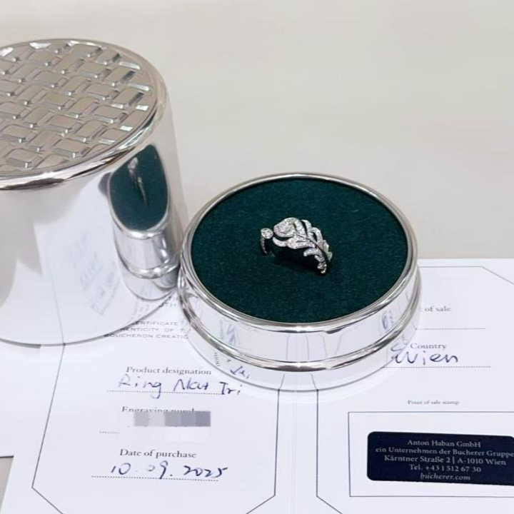 未使用 Boucheron/宝诗龙 小花6枫 羽毛镂空18K白金 戒指 50码