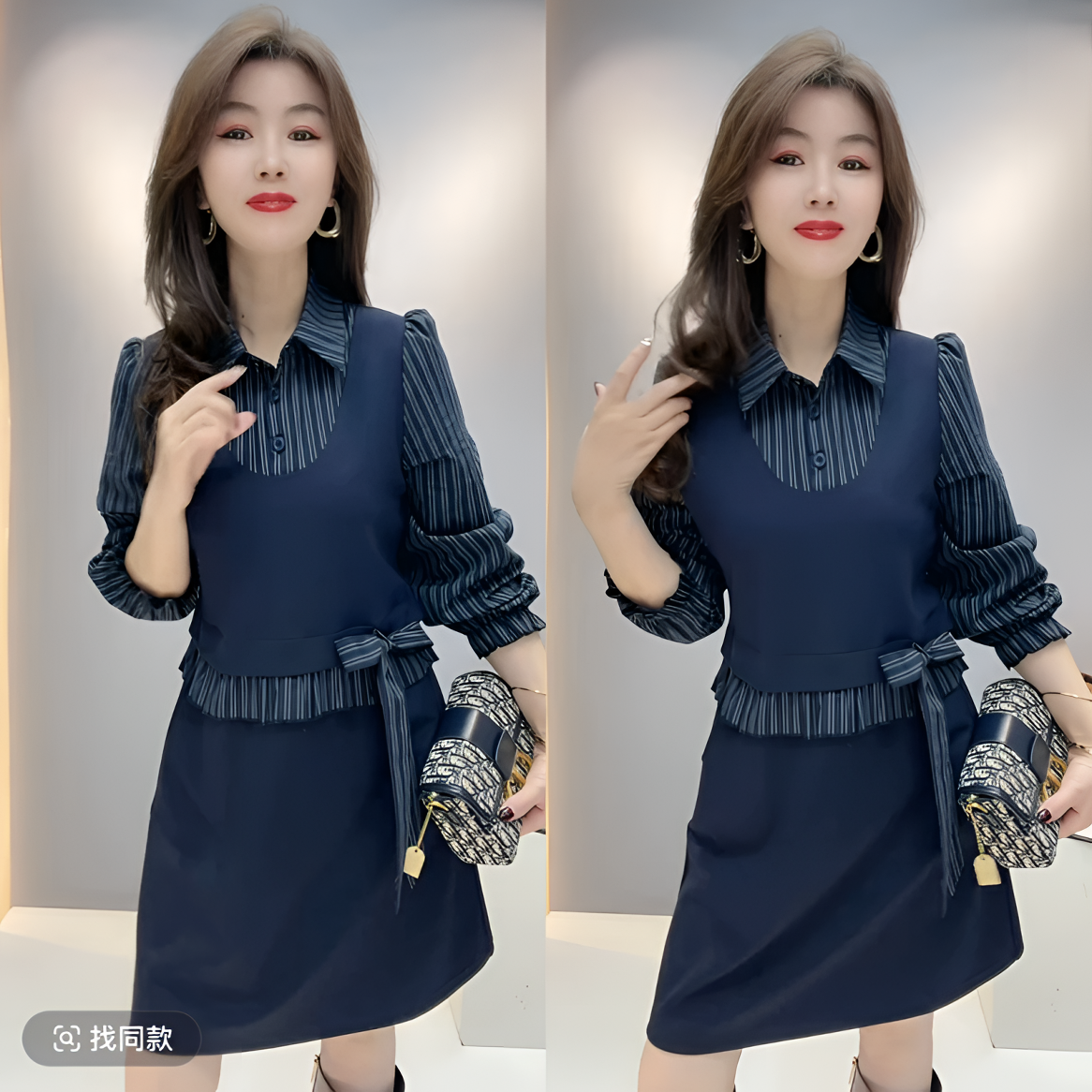 冬季新款气质假两件连衣裙设计感拼接显瘦连衣裙减龄洋气中长款裙