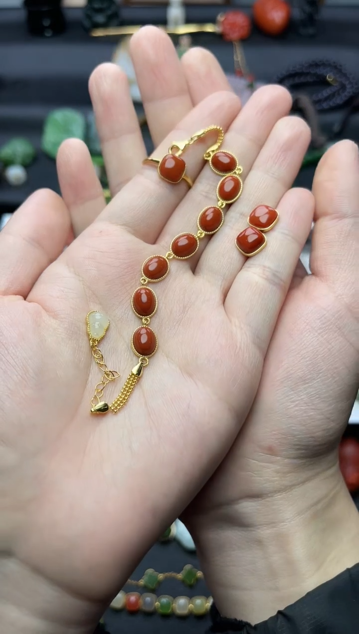 银S925镶嵌手链南红玛瑙套装06