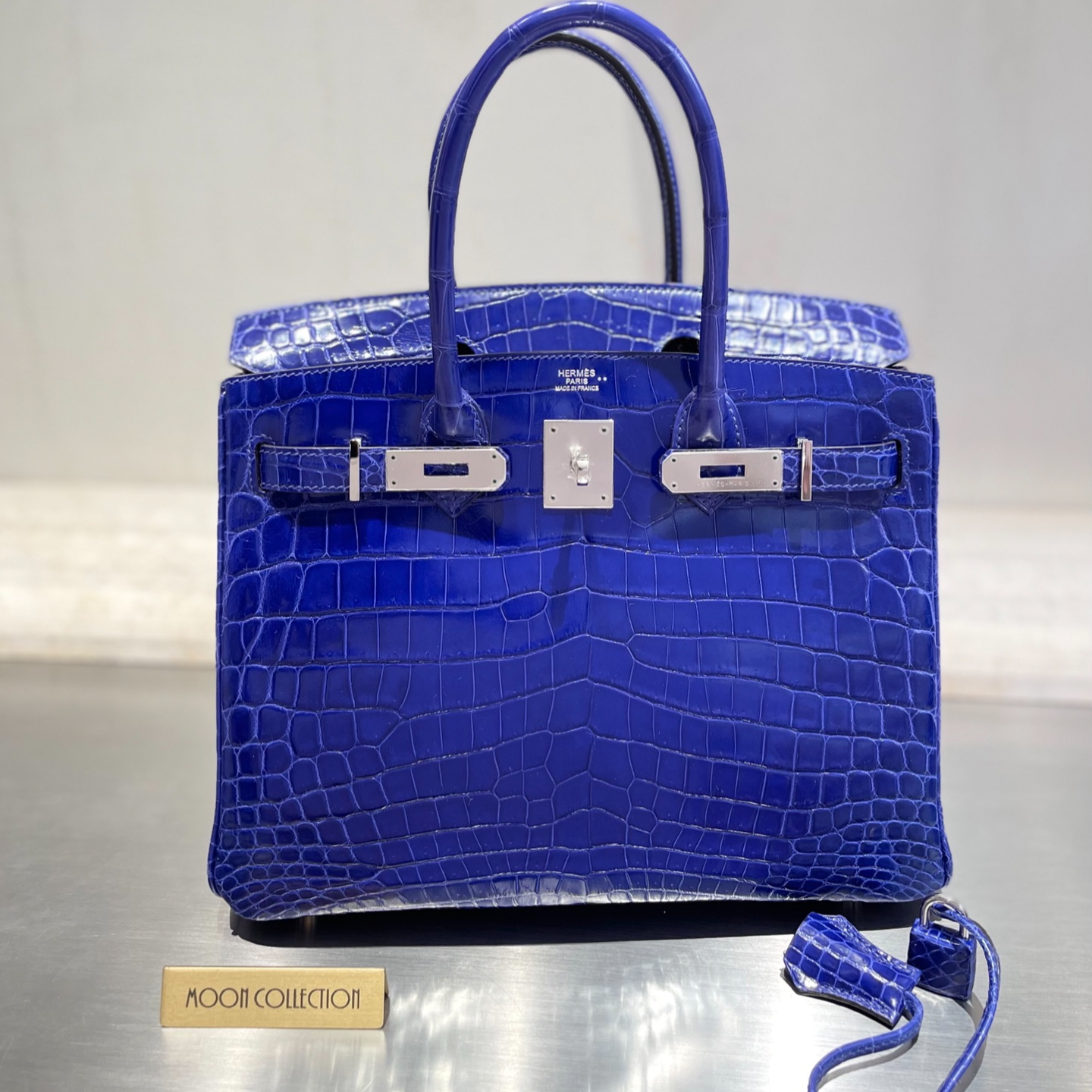 99新 Hermes/爱马仕 99新BIRKIN30 亮面两点鳄鱼 电光蓝 银扣p刻