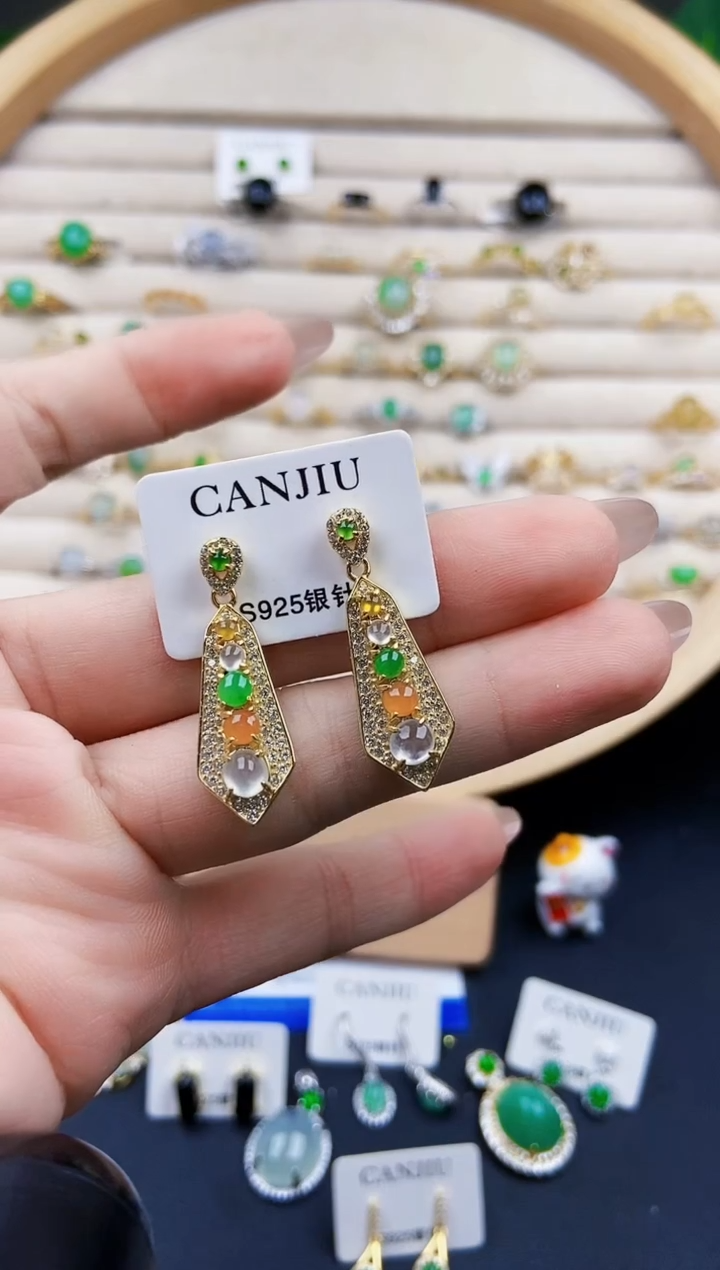 翡翠银S925镶嵌耳饰12