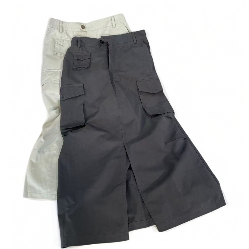 立体口袋打褶设计前面开衩宽松长款半身裙显瘦工装裙女