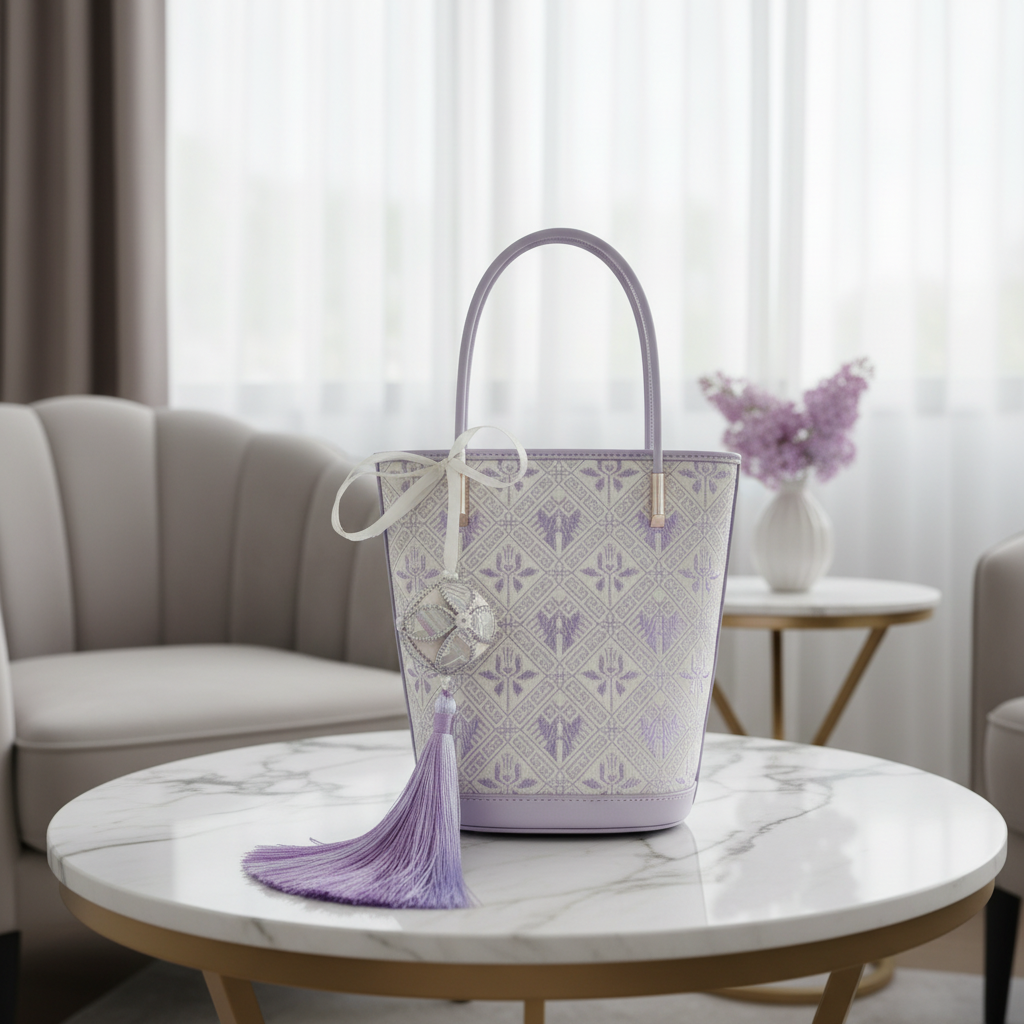 新款上市广西壮锦紫色莲年有鱼小众时尚手提水桶包简约水桶包