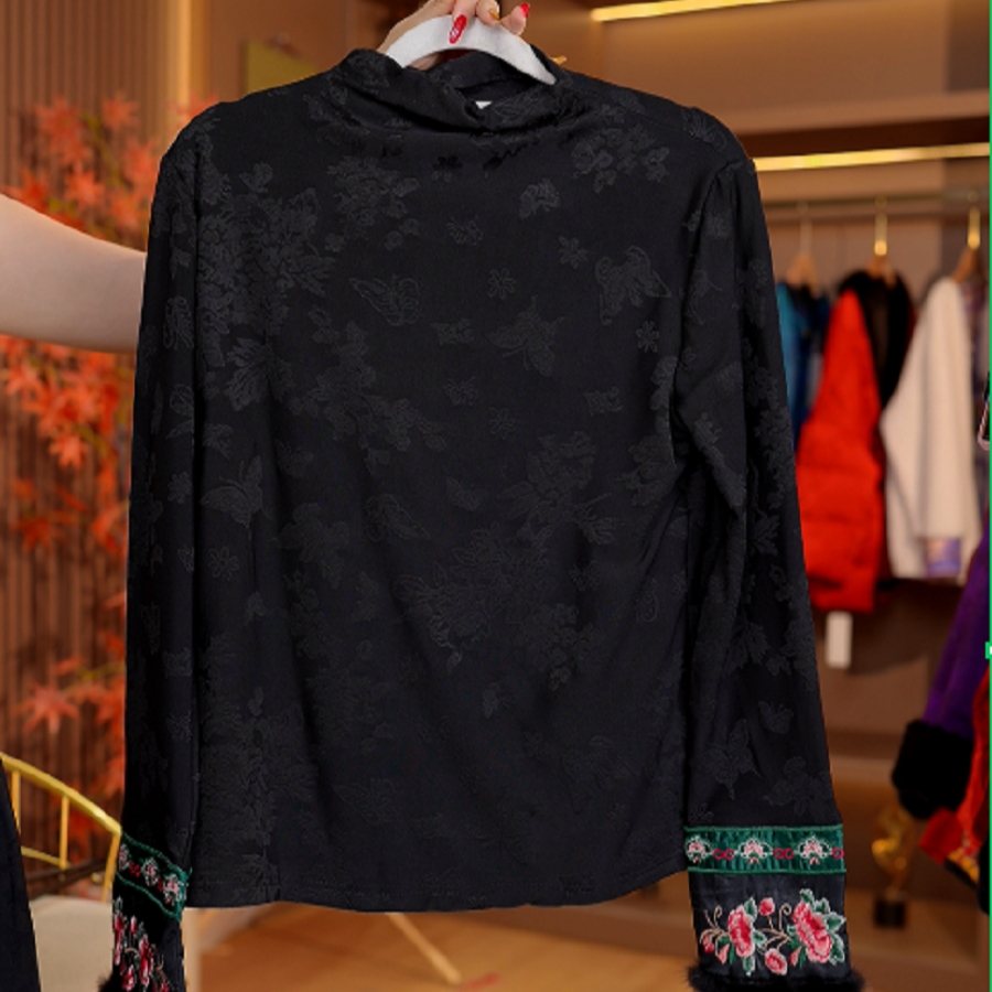  清！新中式国风水貂弹力打底衫中领百搭款211338-虎牙