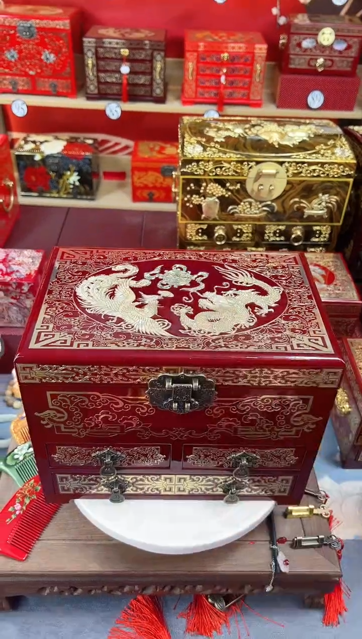 【闪购商品】28厘米新款四层三抽掐丝螺钿酒红龙凤呈祥