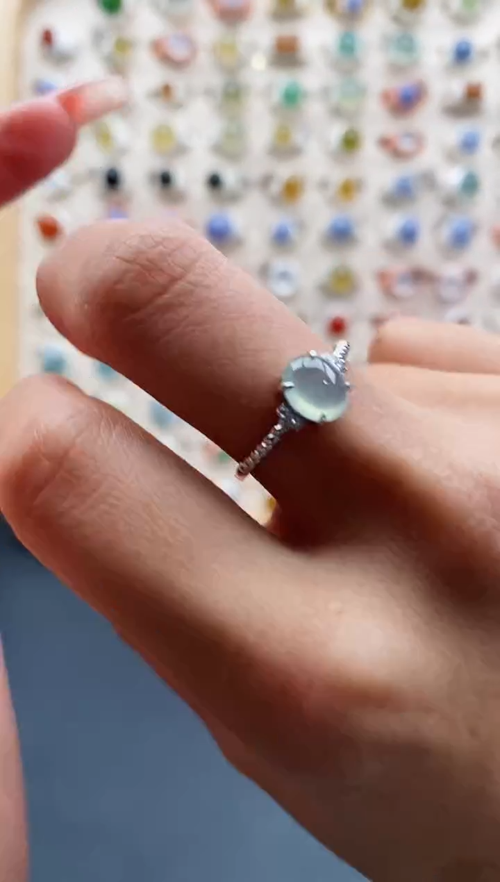 【闪购商品】翡翠戒指银S925镶嵌缅甸天然A货翡翠444 5+2