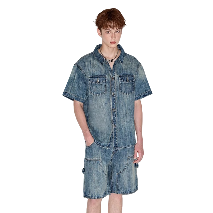 YLDP复古街头12OZ水洗蓝工装翻领牛仔短袖衬衫短裤两件套装男
