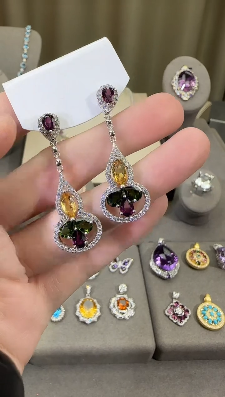 银S925镶嵌耳饰水晶3*6mm多彩宝耳坠高级款