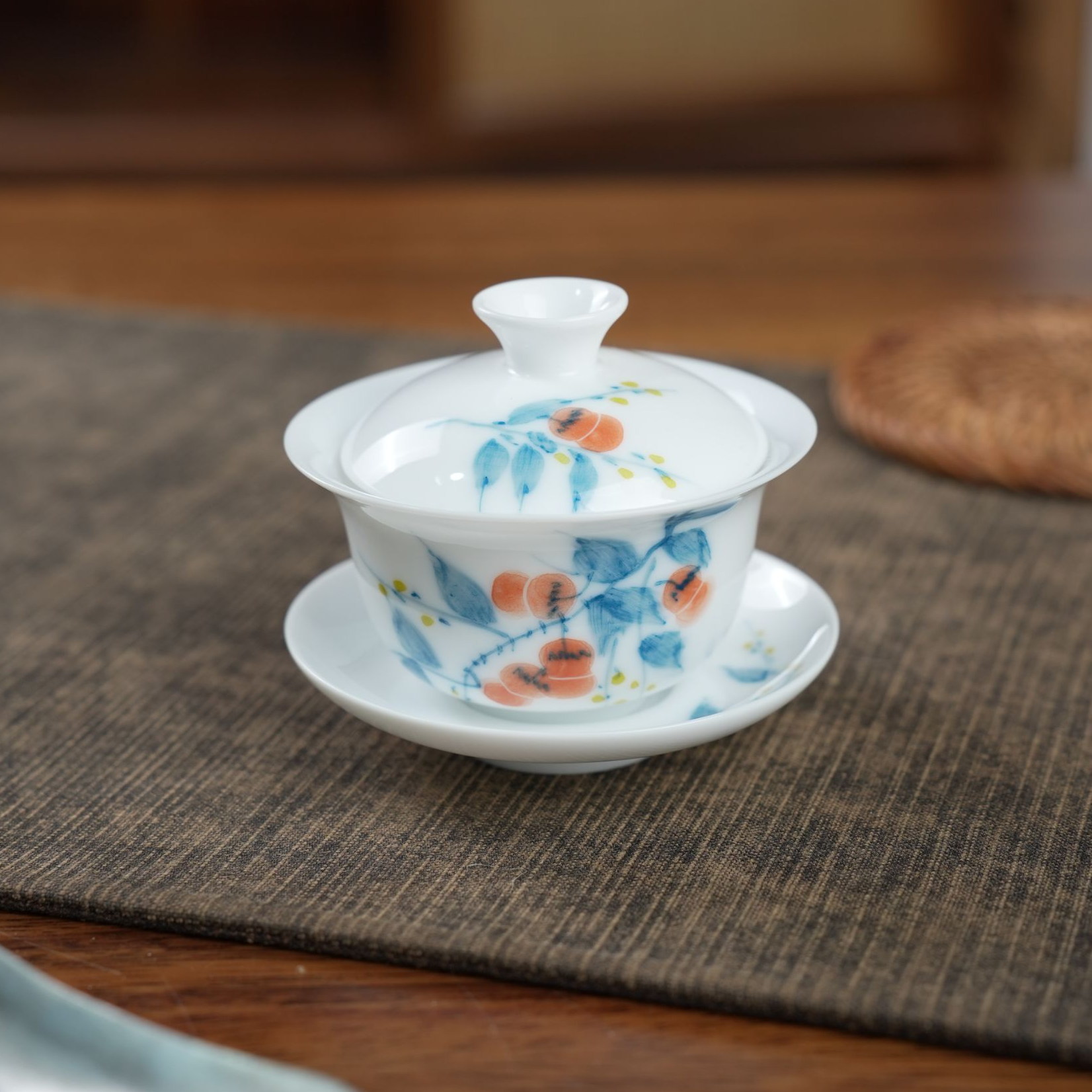 一善堂纯手绘高温釉下彩柿子80ml三才小号茶盖碗