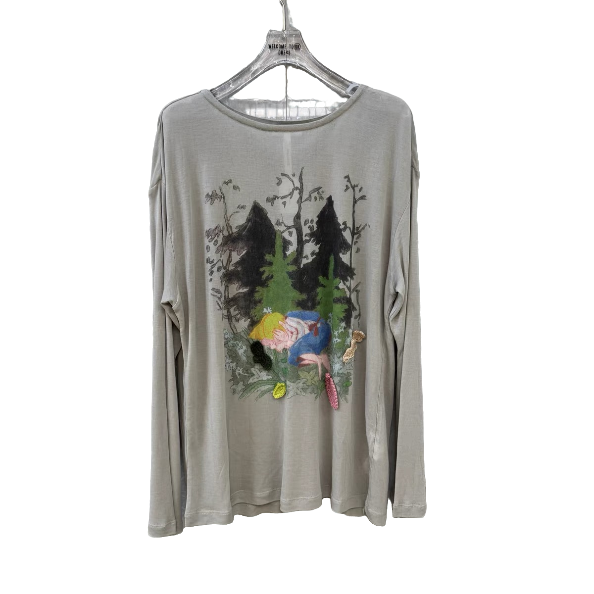 南油小众设计师新品绿森林图案长袖T恤
