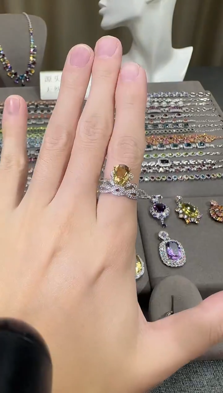 银S925镶嵌戒指黄晶10*8mm戒指水滴款