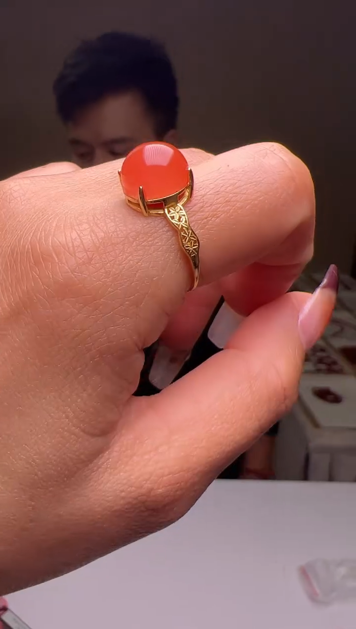 银S925镶嵌戒指南红玛瑙保山河湾冰红活口戒指