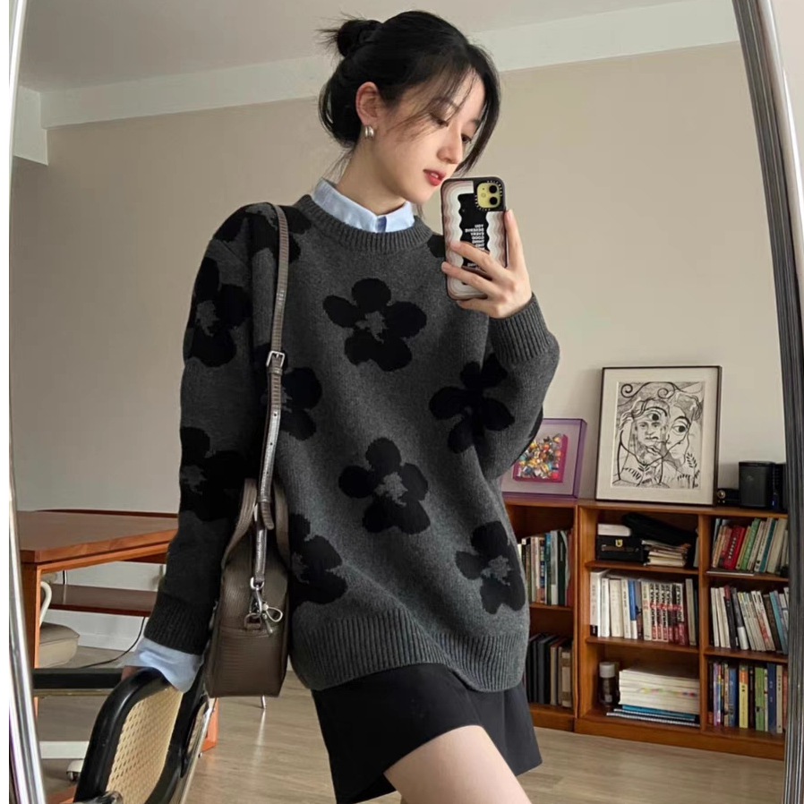 【格一专属】 韩版落肩袖慵懒风宽松版四叶草羊毛羊绒衫0504款