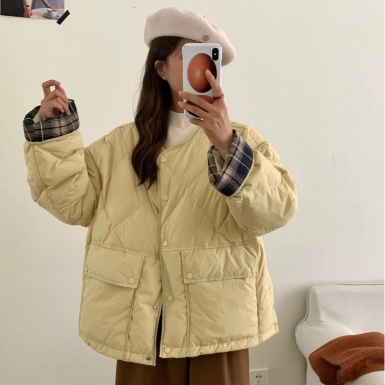 802棉服女韩系宽松冬季圆领轻薄款菱格小个子整张棉棉服外套