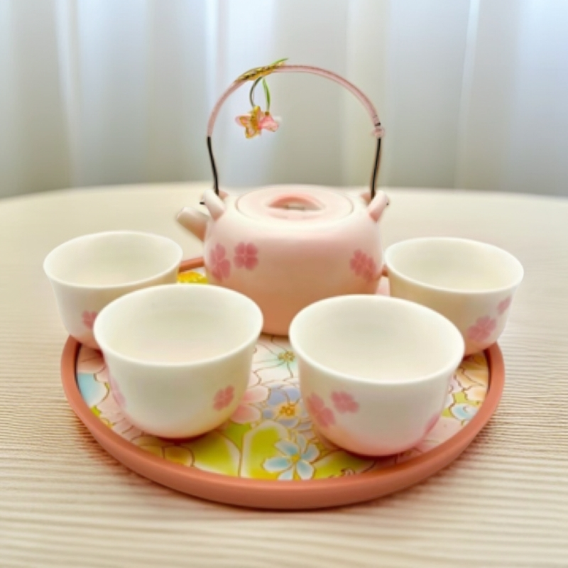 樱花粉提梁壶功夫茶具套装家用泡茶壶陶瓷茶杯露营便携包喝茶装备