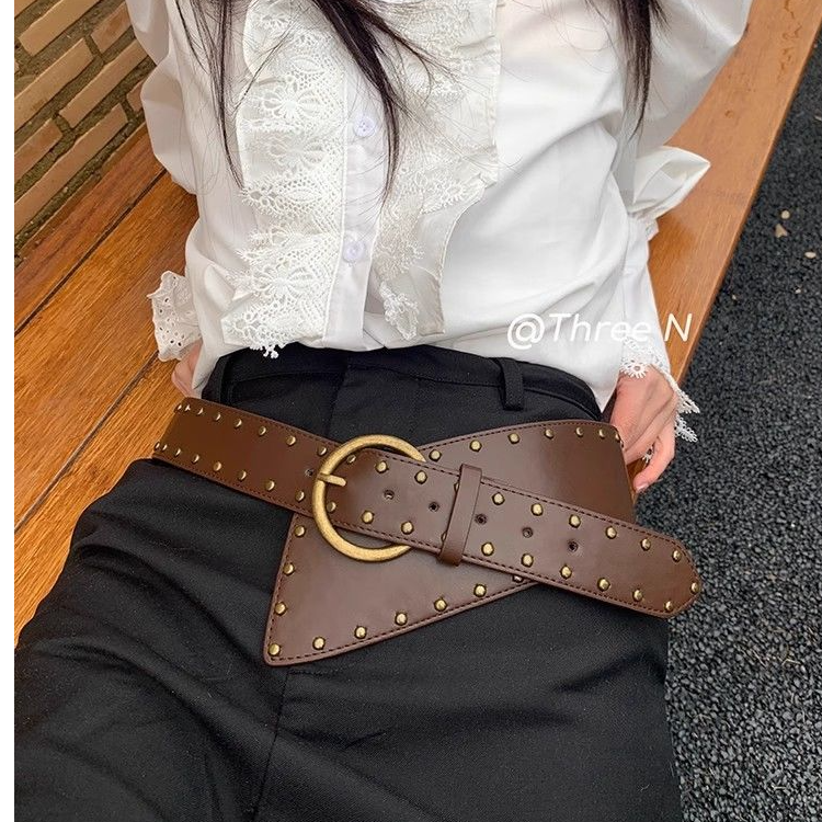 Three N棕色复古腰封宽腰带搭配感甜酷个性小众设计牛仔裤裙带