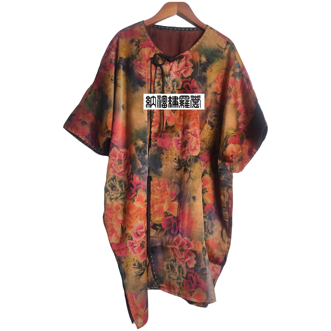 纳福|原创 B134388桑蚕丝偏襟设计款短袖花色开衫复古夏季国风