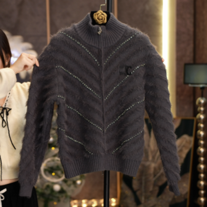 秋冬新款立领拉链针织开衫女宽松显瘦百搭毛衣外套上衣针织衫冬季