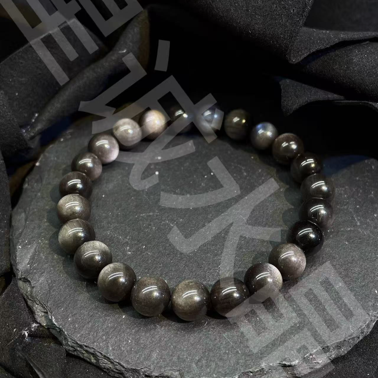 天然银曜石圆珠单圈情侣手串简约百搭生日礼物