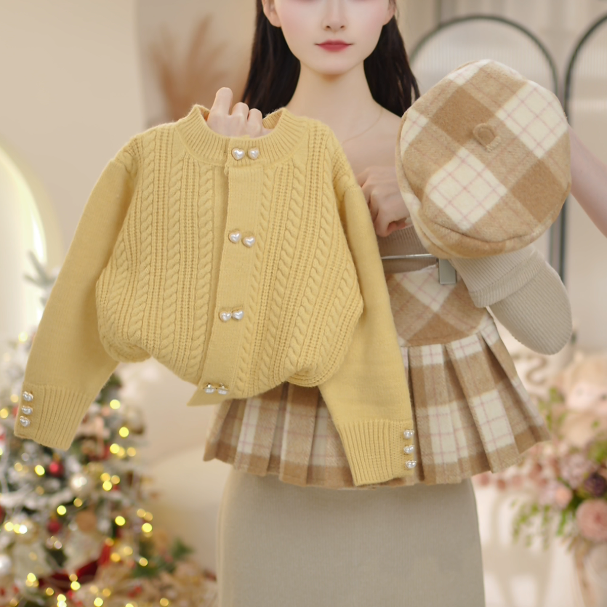 女童2026冬季新款加厚奶酪黄毛衣+毛呢格子半身裙套装C25157