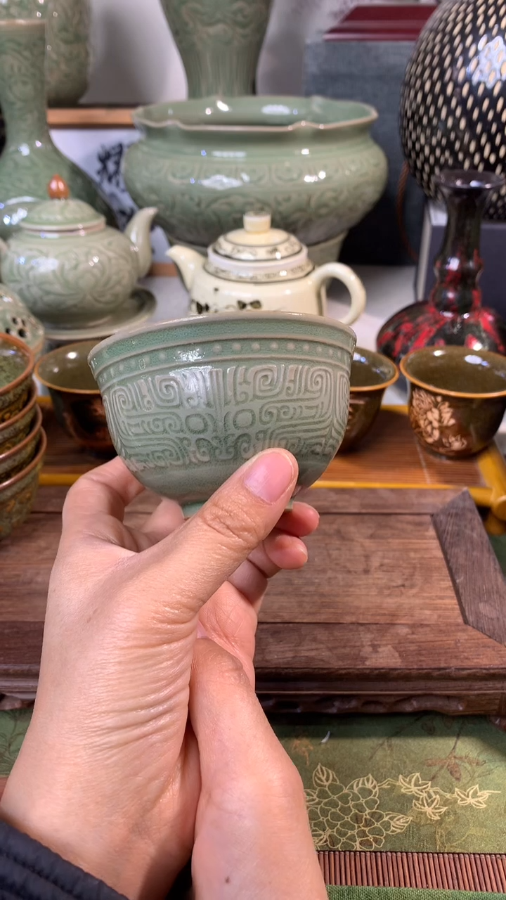 耀州窑微瑕缩釉青铜纹帝王杯汉风一只