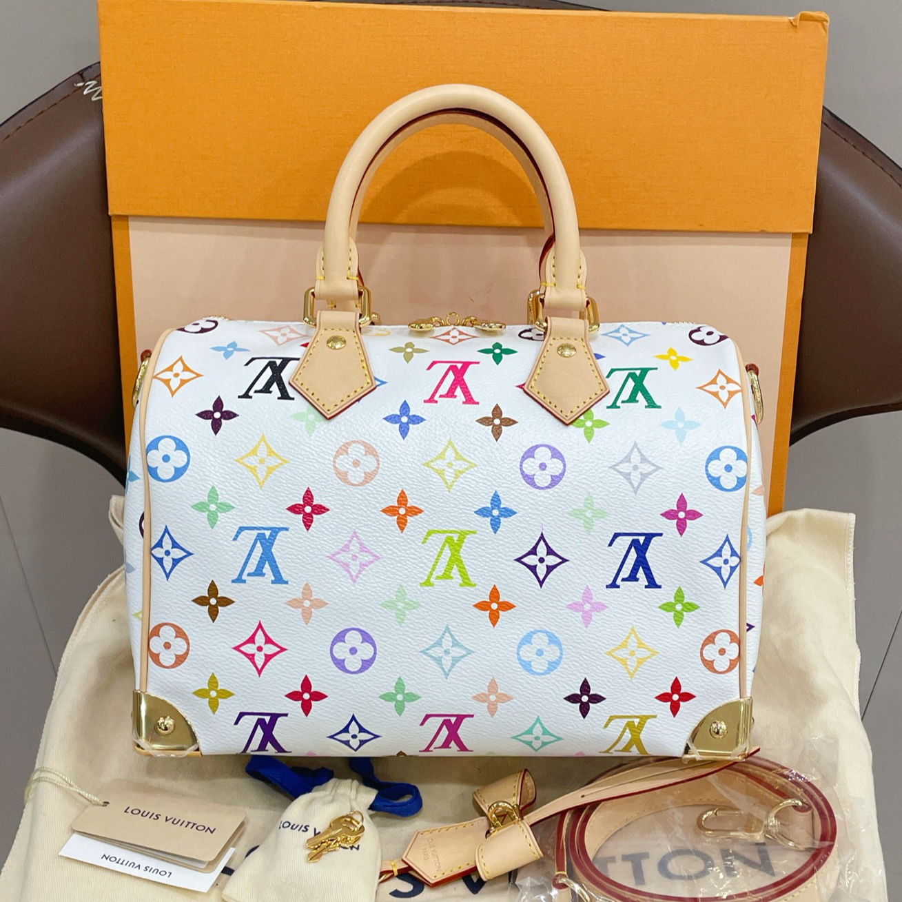 99新 LouisVuitton/路易威登 白三彩speedy25 枕头包/7QH39337