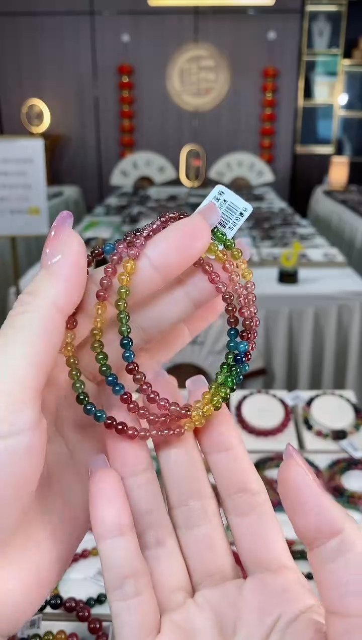 未镶嵌老矿碧玺彩虹三圈手串4mm+碧玺hon多样性发货一条